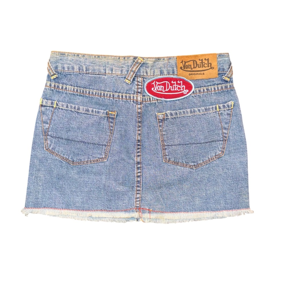 Von Dutch Denim Mini Skirt Womens 27 Blue Good Y2K Raw Hem Patch Logo